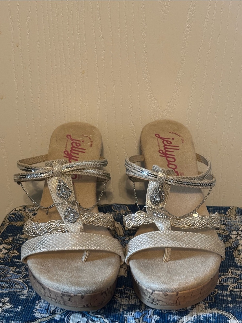 Jellypop Silver Braided T-Strap Wedge Sandals